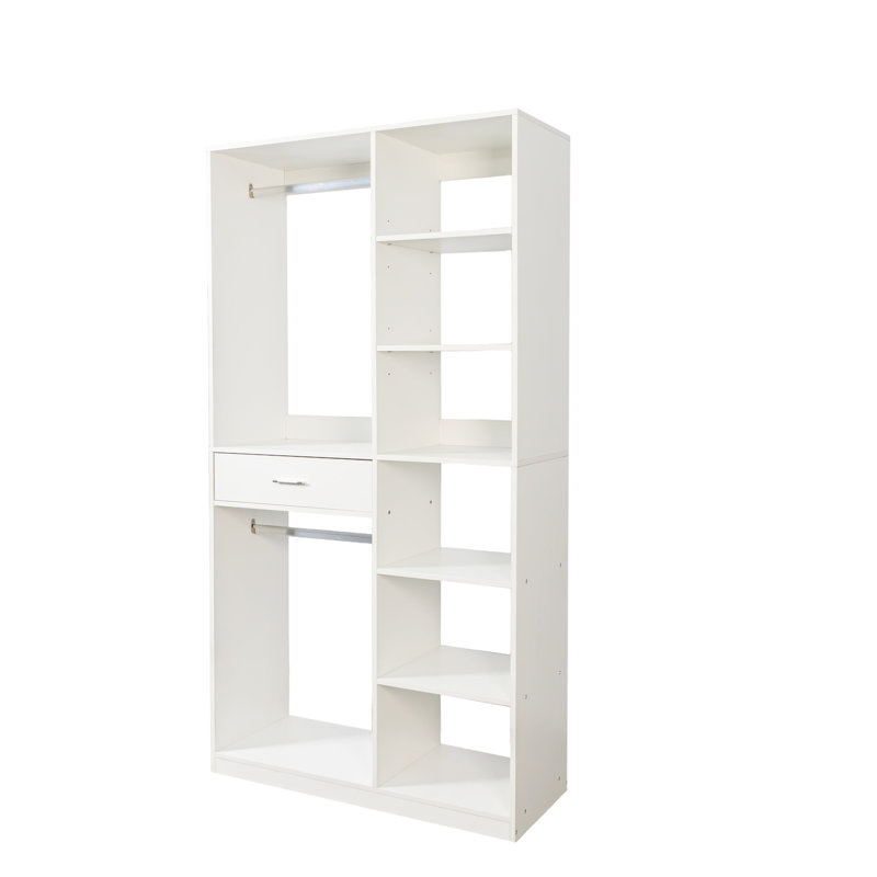 Freestanding Closet System, Stand-Alone Wardrobe With 6 Open Shelves,Closetwith 1 Wood Drawers, Wood Walk-In Closet With 2 Hanging Rod, White