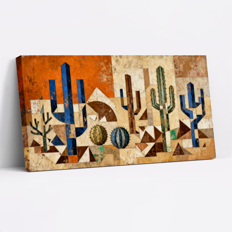 Ensemble de 1 tableau sur toile tendue représentant un paysage désertique géométrique de cactus, H 12 po x l 36 po