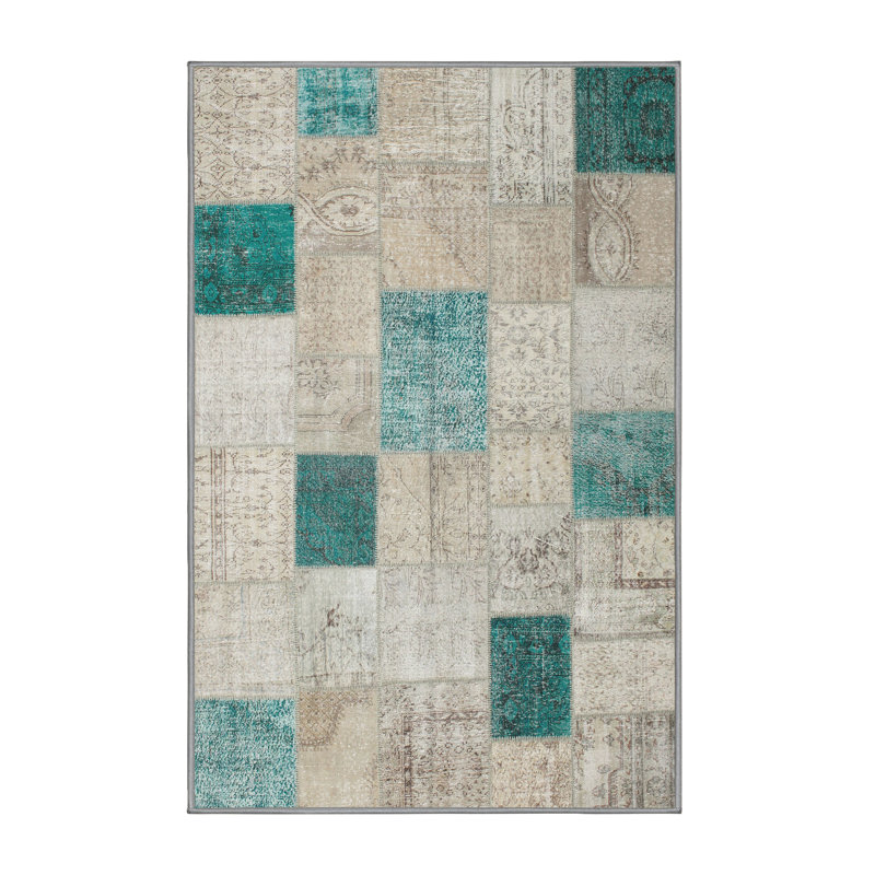 Tapis contemporain beige / turquoise, Rectangle 5 pi x 7 pi
