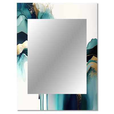 Teal And Gold Abstract Expression IV - Liquid Ink Decorative Mirror, Modern Wall Mirror, Printed Metal Art