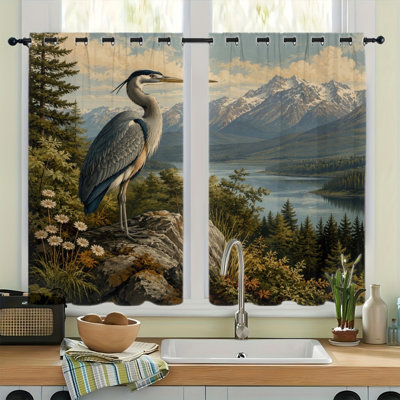 2PCS Grommet Top Blackout Window Curtains, Majestic Heron Mountain Lake Scenic Printed Polyester Drapes, Thermal Insulated, Noise Reducing, Privacy Protection, Room Darkening Window Treatments for Bedroom Living Kitchen Indoor Home Decor