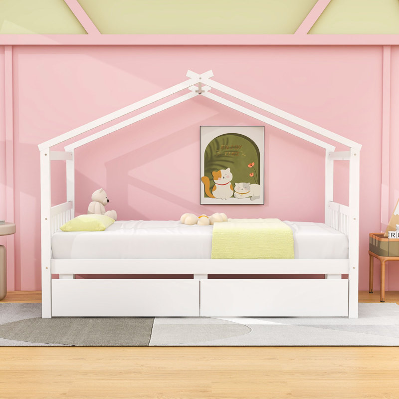 Twin Size Wooden House Bed With Drawers, White
