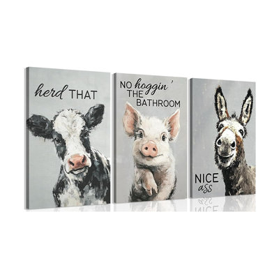 3Pcs Funny Bathroom Animals Wall Art Black And White Animals Posters Artwork Modern Farmhouse Bathroom Painting Pictures Wall Decor For Washroom Home Decoration 12X16in Framed