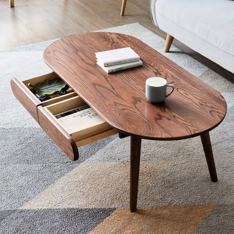 Table de hall d'entrée ovale en noyer - chêne massif, rangement de tiroir, bureau accueillant en bois de chêne moderne, finition noyer, espace de travail fonctionnel
