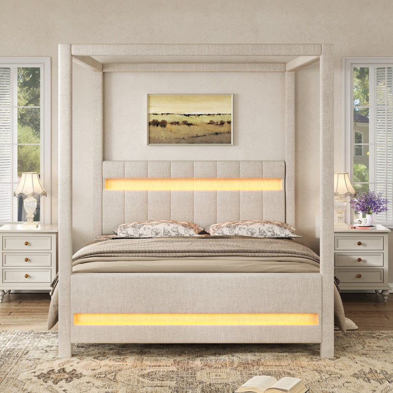 Queen Size Upholstered Canopy Platform Burt with LED Lights