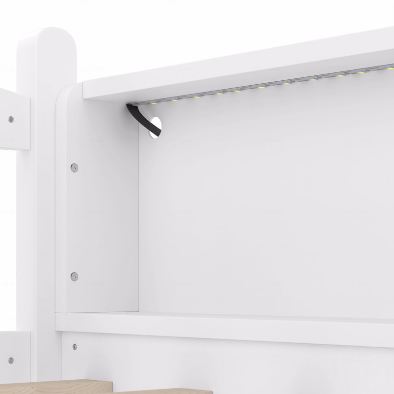 Twin Loft Bed Frame With Storage Function Shelves, Solid Wood Materialen Frame Material Lower Loft Bed Frame With Led Lighting Function Lights And Full-Length Guardrails