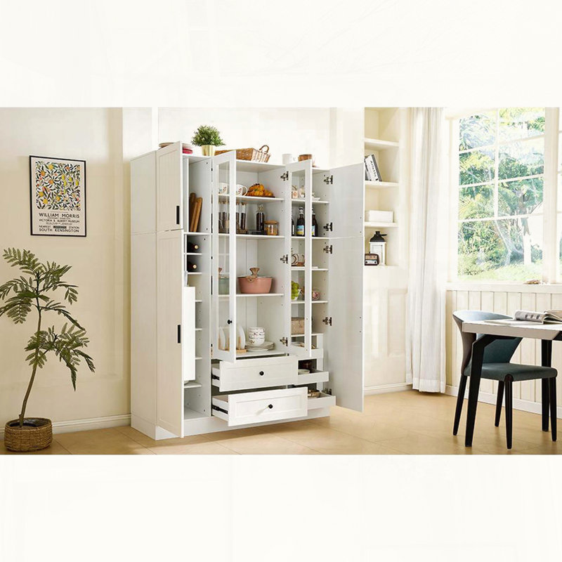 Grand garde-manger de style campagnard moderne de 53,2 po avec portes en acrylique et tablettes réglables, Blanc