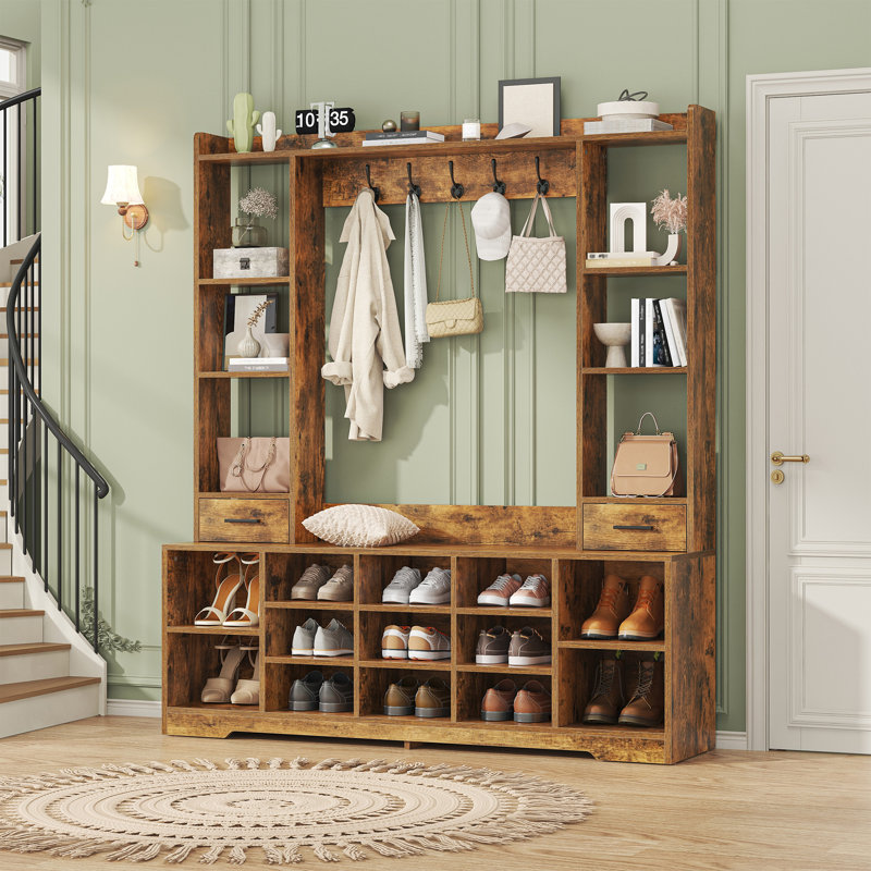 6-In-1 Entryway Hall Tree With Shoe Bench, 13 Cubbies & 2 Drawers, Multi-Functional Storage Organizer For Entryway, Hallway, And Mudroom