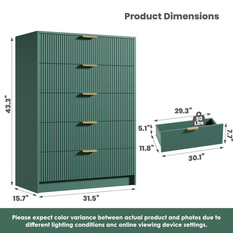 Fluted  Drawer Dresser for Bedroom, 43" Tall Modern Chest of Drawers with Large Storage and Metal Handle, Wooden Dresser Organizer for Bedroom, Living Room, Hallway, Green