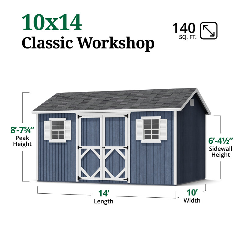 Classic Workshop Outdoor Wood Storage Shed, 10' x 14', No