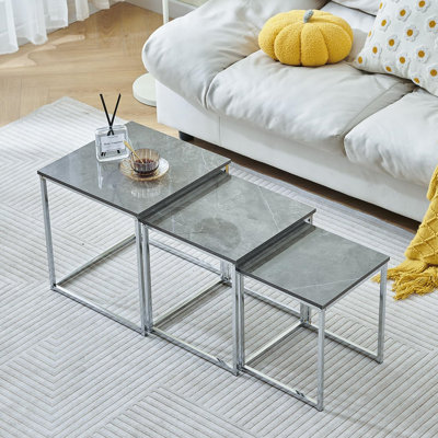 Living Room Nesting Coffee Table Set Of 3 High Glossing Marble Effect, Small Square Side Sofa Table 3 In 1 Nested Table Corner Little End Table Stackable Wood Tabletop With Chrome Frame