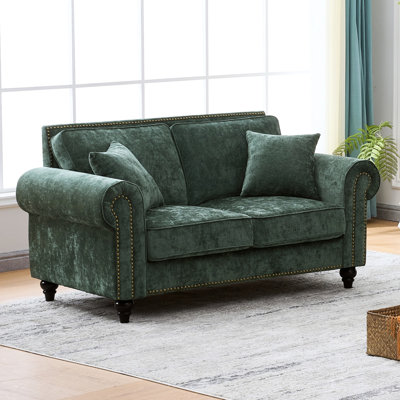 63 pouces Modern 2 avec accoudoirs roulés, canapé rembourré en chenille pour le salon, pieds en bois massif, mousse haute, velours doux, courbé, garniture cloutée, siège mi-moelleux, pieds Great Family Time