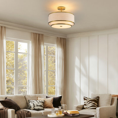 15" Flush-Mount Ceiling Light 15.75"L x 15.75"W x 12.01"H Fabric Shade with Gold Metal Trim 1pc Ceiling Light Beige/Gold Dual Fabric Shades