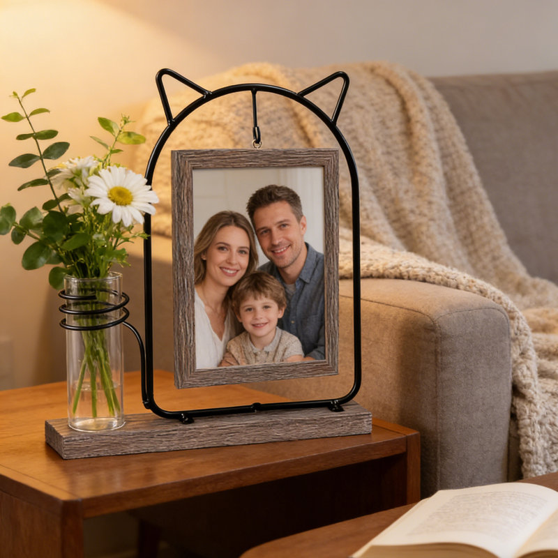 Black Metal Cat Head Double-Sided Picture Frame with Glass Vase - Holds 2 Vertical 4x6 Photos, Rustic Wood Grain MDF Desktop Display, Hydroponics Plant Holder for Home Decor - Unique Wedding, Anniversary, Cat Lover Gift