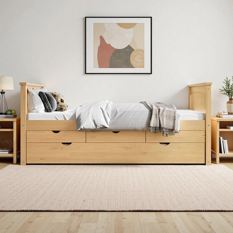 Lit plateforme simple en bois massif avec tiroirs de rangement et lit gigogne coulissant, finition naturelle, aucun sommier tapissier requis