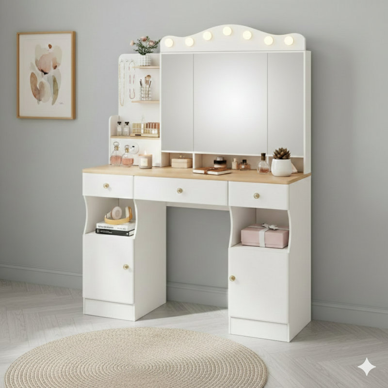 Bureau de coiffeuse avec miroir et lumières. Ce meuble-lavabo comprend une barrette d'alimentation USB à 2 ports. L'ensemble de coiffeuse se compose de trois tiroirs et de deux armoires, comporte sept lumières avec trois options de couleur et possède un miroir pliable à trois côtés, en blanc.