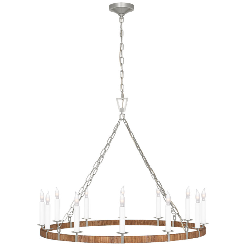 Darlana 12 - Light Wagon Wheel Chandelier, Polished Nickel/Natural Rattan, 32" H x 40" W x 38.75" D