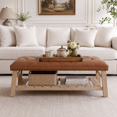 Rectangular Tufted Ottoman Coffee Table, Upholstered Bench with Nailhead Trim and Lower Slat Storage Shelf