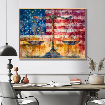 Balance symbolique de la justice avec le drapeau des États-Unis II - art mural patriotiste américain pour le salon
