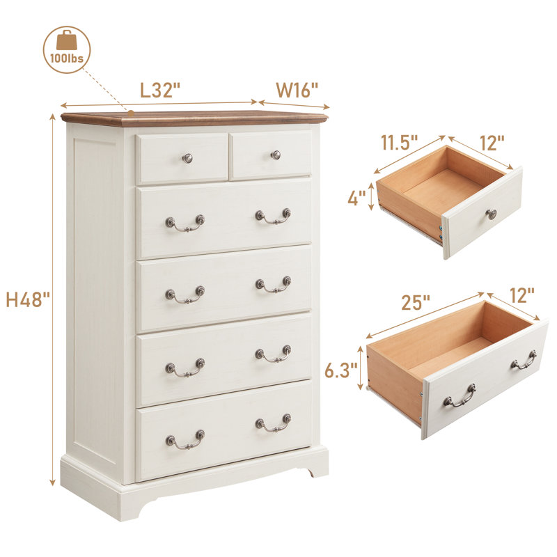 Krijna 32" W  Vintage 6 Drawers Dresser Chests, Wood Rustic Tall Chest of Drawers, Antique White/Walnut