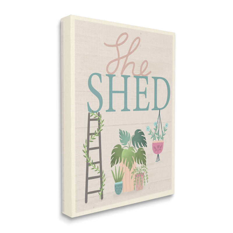 She Shed Sign, Tropical Plants Ladder And Green Vines par - Art textuel, H 20 po x l 16 po x P 2 po, Toile tendue