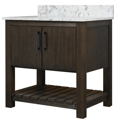 Meuble-lavabo de 30 po avec comptoir en quartz café, quincaillerie noir mat et miroir