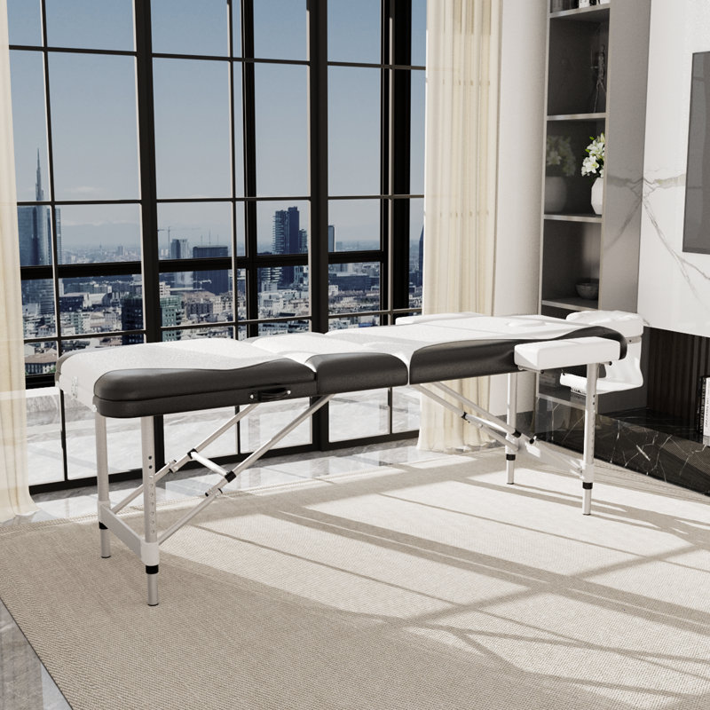 Portable 3-section Aluminum Massage Table Premium Pu Leather Spa Bed With Headrest, Arm Support Carry Bag, Black/White