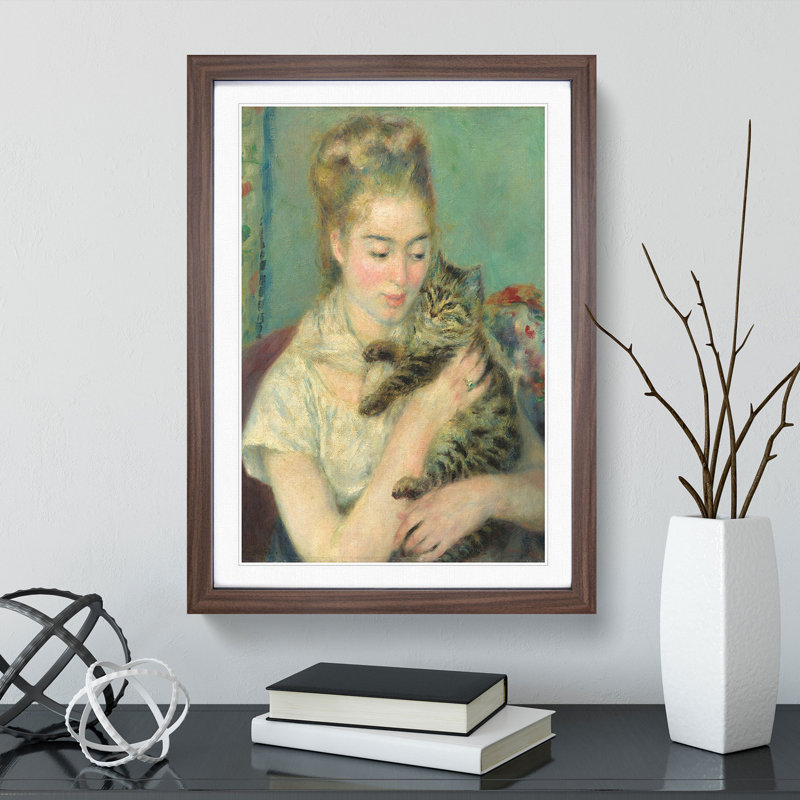 Woman with a Cat by Pierre-Auguste Renoir - Picture Frame Painting, 65cm H x 48cm W x 2cm D, Walnut Framed