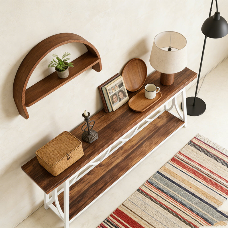 2-Tier Console Table Industrial Sofa Table Behind Couch with Shelves, White & Brown