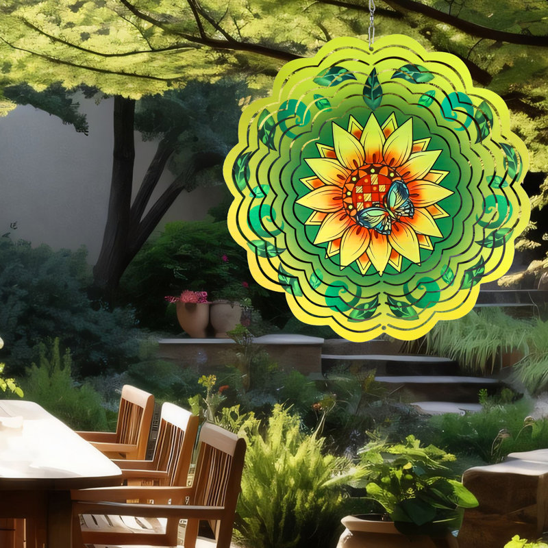 Bebhinn tournesol moulin à vent mandala 3D en acier inoxydable découpé au laser en métal motif à vent suspendu, cadeau de la fête des mères