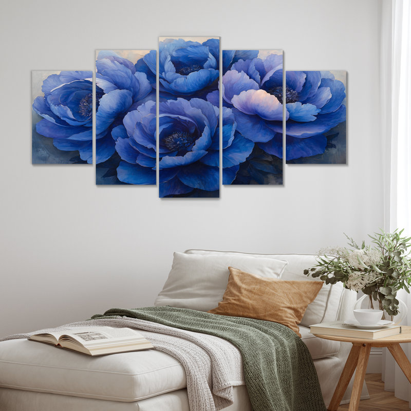 «Blue Velvet Layers Of Peones II» - décoration murale pivoines en velours - art mural traditionnel diamant