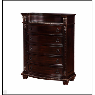 Commode haute à cinq tiroirs en marbre 1Pc avec moulures complexes, silhouette magnifiquement courbée, finition cerisier foncé, mobilier de chambre en bois massif