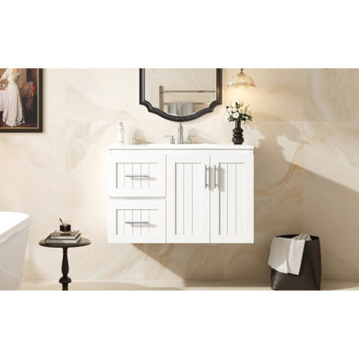 Wall Mounted 36 - Inch Bathroom Vanity With 2 Drawers, Single Ceramic Sink, Solid Wood And , Smooth Drawer Slides, Ample Storage, Exquisite Metal Handles, Unique Design Wood, Slide, Storage Space,