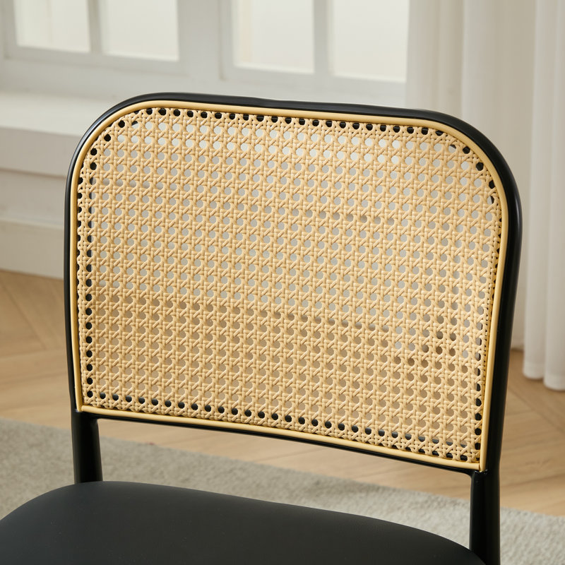 Modern Upholstered Faux Leather Side Dining Chair with Cane Rattan Back, 2, Black