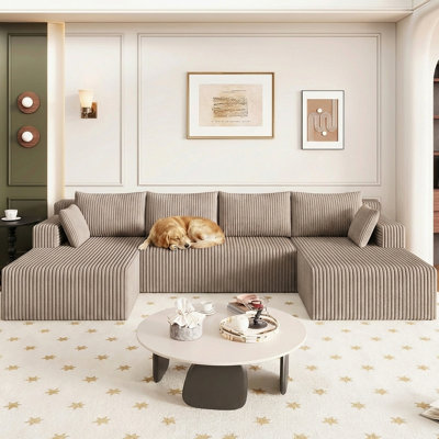 124" U-Shape Cloud Couch, Modern Modular Sectional U-Shape Sofa, Corduroy Upholstered Couches Deep Seat Sleeper Chaise Longue for Living Room, No Assembly Required