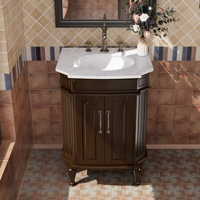 24" Bathroom Vanity with Faux Marble Top and Ceramic Sink, Dark Brown