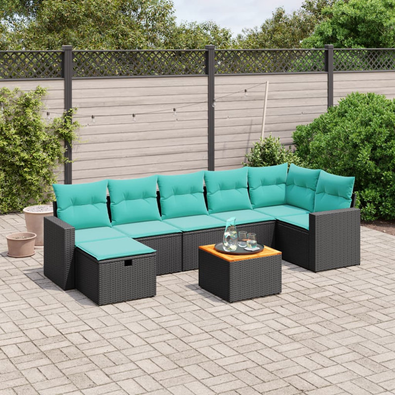  Ensemble de canapé de patio 8 pièces avec coussins en rotin de polyester noir, Bleu clair, Noir