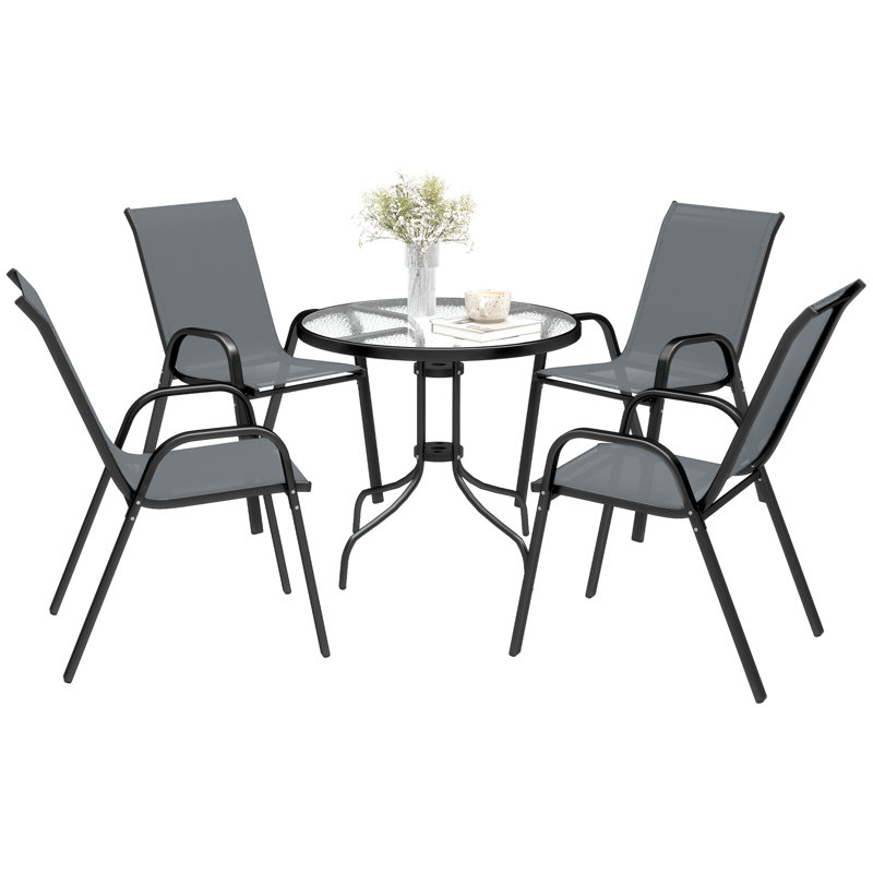 Five-Piece Steel Patio Set, with Glass-Top Table, Gray