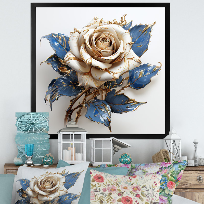 Verre bleu blanc rose - Art mural rose, H 16 po x l 16 po x P 1 po, Cadre simple noir