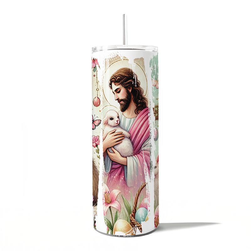 Gobelet rose 20 oz avec couvercle et paille en acier inoxydable, coup de pinceau de Pâques