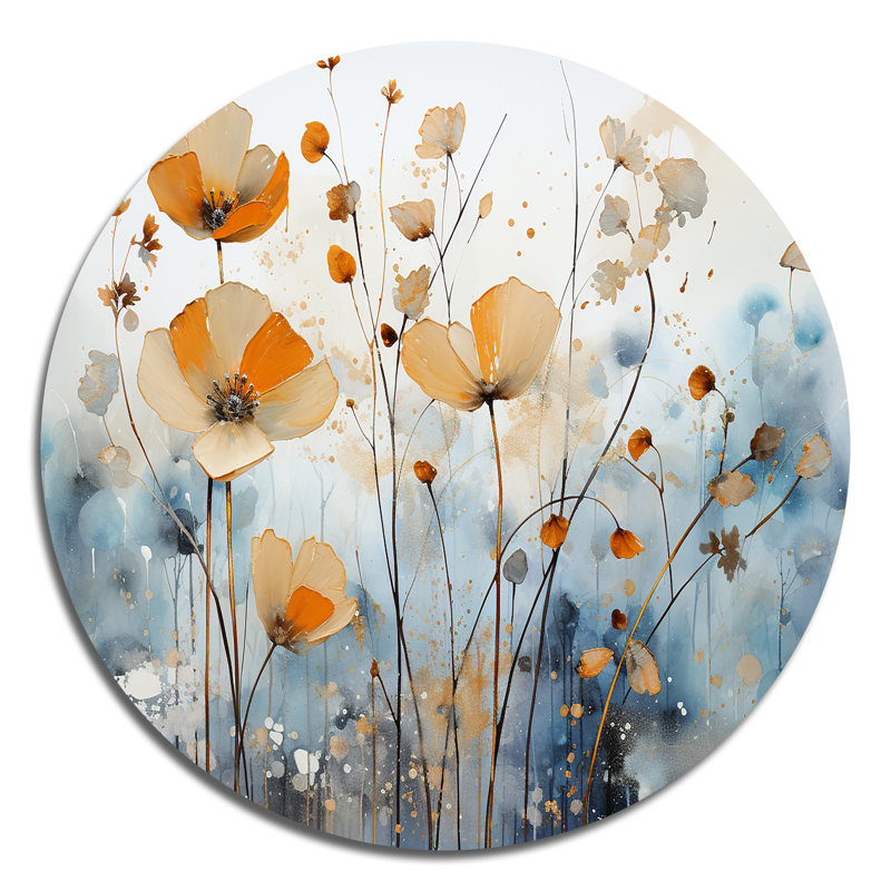 Art botanique orange et bleu discret II - Art abstrait rond en métal, H 16 po x l 16 po x P 1 po