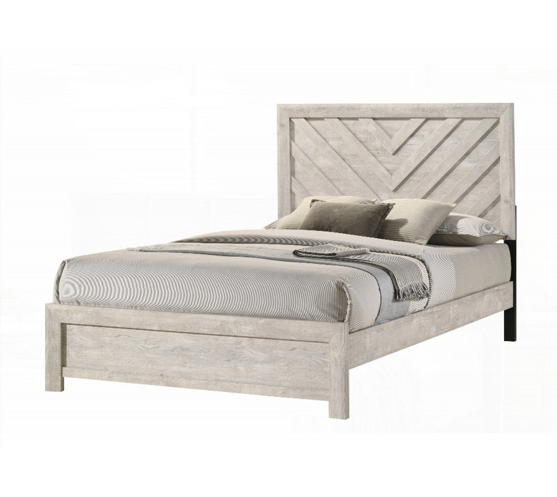 Grand lit 1pc avec finition gris beige rustique & amp; Motif géométrique à chevrons, aucun sommier nécessaire, uni & amp; Durable
