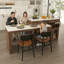 Îlot de cuisine avec table extensible et pivotante, MDF avec placage de marbre, design rétro, 4 tiroirs et placards à portes vitrées avec prise intégrée, coin repas extensible pour 2 à 4 personnes (noyer)