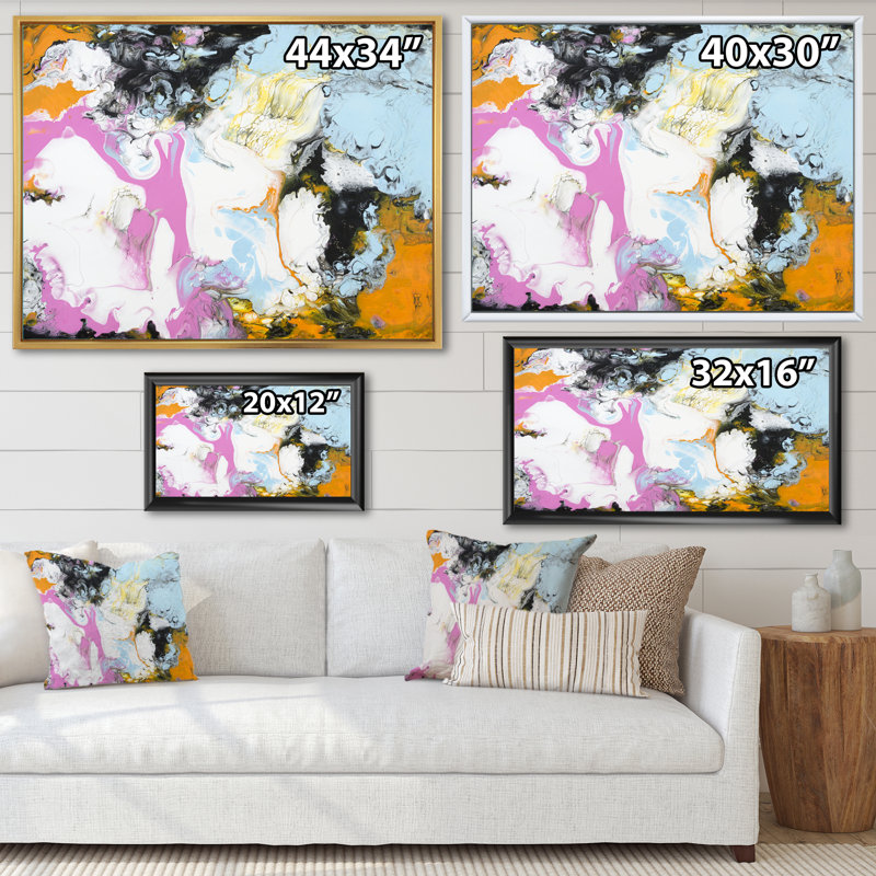 Rose, orange, blanc et bleu clair abstrait - peinture sur toile, H 34 po x l 44 po x P 1,5 po, Cadre flottant doré