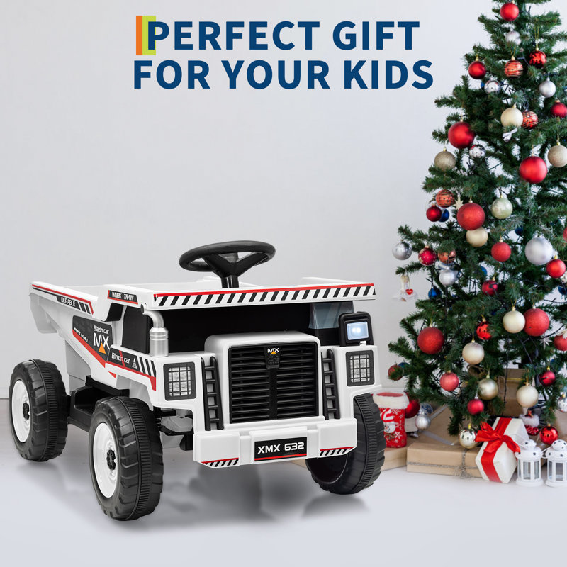 Camion à benne basculante 12 V pour enfants avec benne électrique et pelle, Blanc