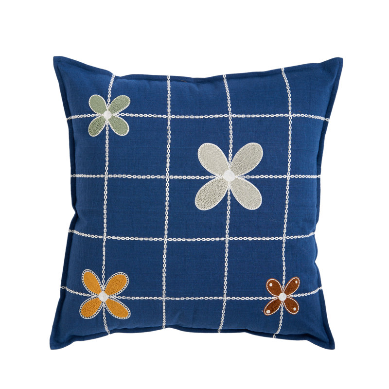 Grid & Flowers Pillow Cover 20x20 Inch, Navy;Green