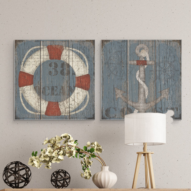 «Coastal Wheel and Coastal Anchor», ensemble de 2 reproductions d'art sur toile tendue