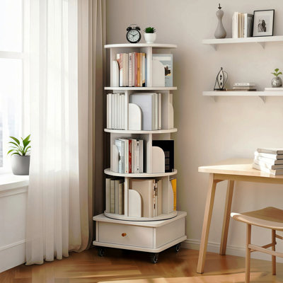 Bibliothèque rotative à 5 niveaux, bibliothèque rotative à 360 ° avec roulettes et tiroir, peu encombrante, petite bibliothèque rotative pour chambre à coucher, salon, maison, bureau