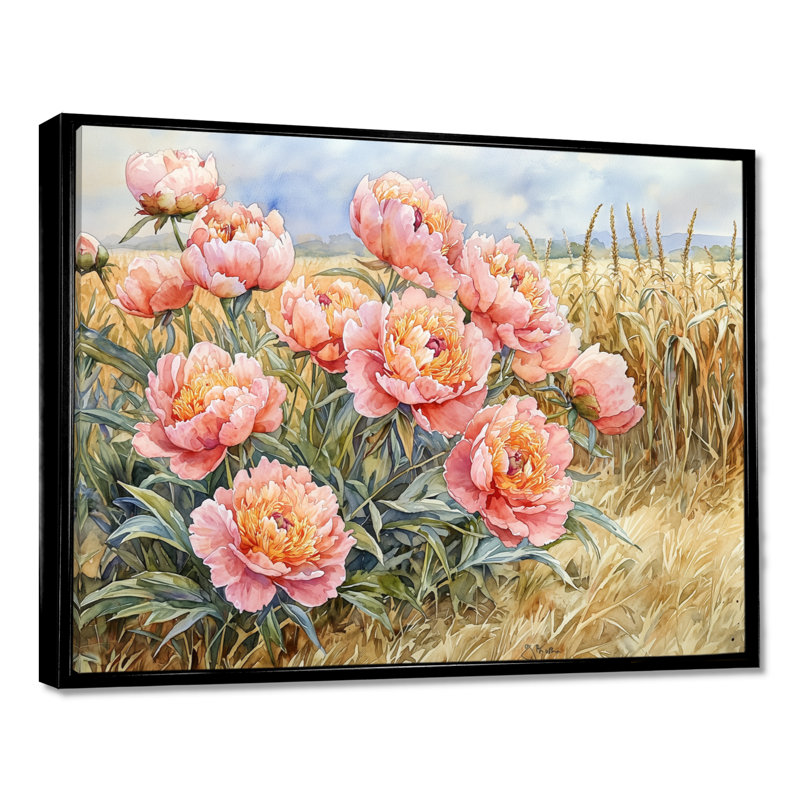 «Pe pivoines le long du champ de maïs I», art mural pivoines, H 30 po x l 40 po, Cadre flottant, Noir