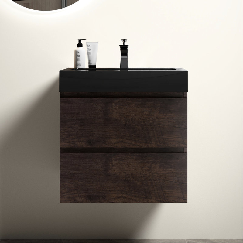 Meuble-lavabo en noyer de 61 cm (24 po) - Style moderne, lavabo inclus, grand espace de rangement, tiroirs silencieux, finition sophistiquée
